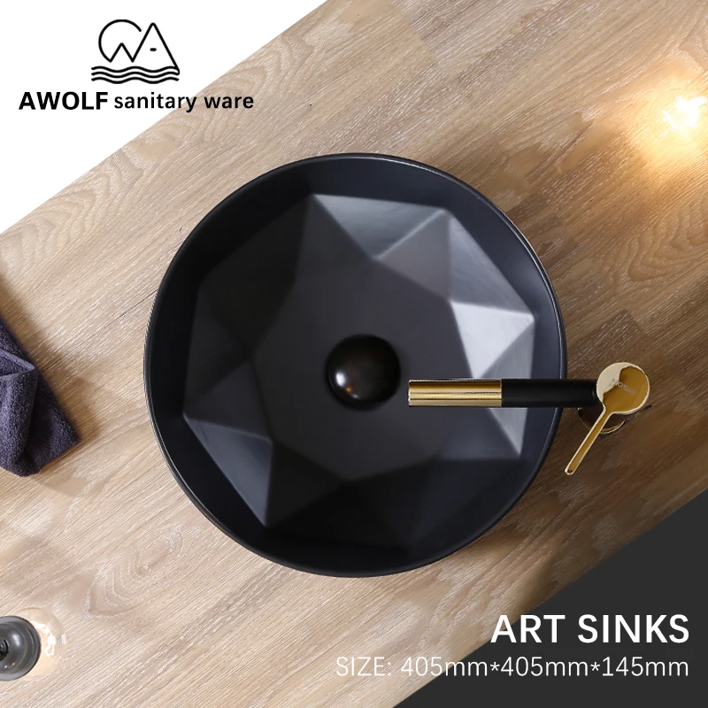 

Art Bathroom Sinks Matte Black Ceramic Vessel Round Washing Basin Bowl Above Counter Modern Lavatary Sink For Balcony Use AM902