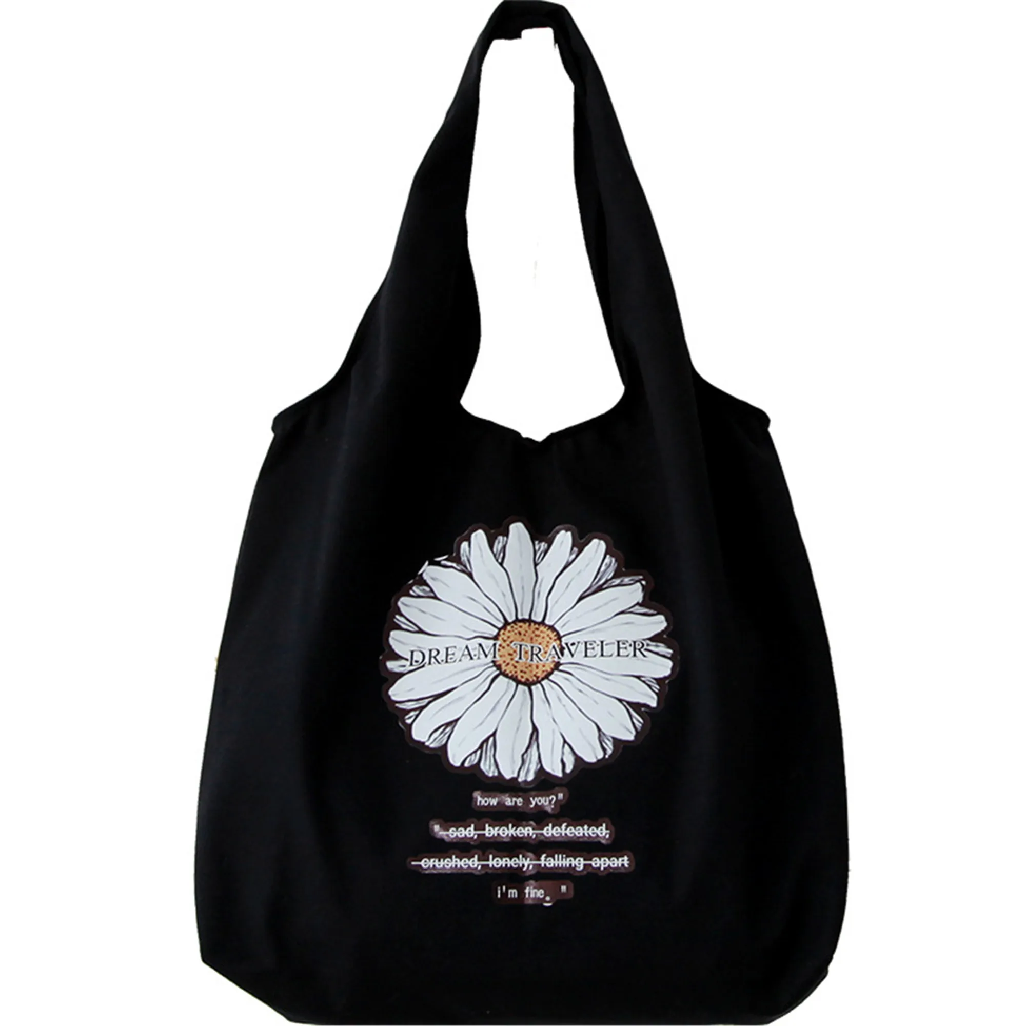 

Black Cotton Canvas Eco Shopping Tote Shoulder Bag Handbag Print Daisy BF32