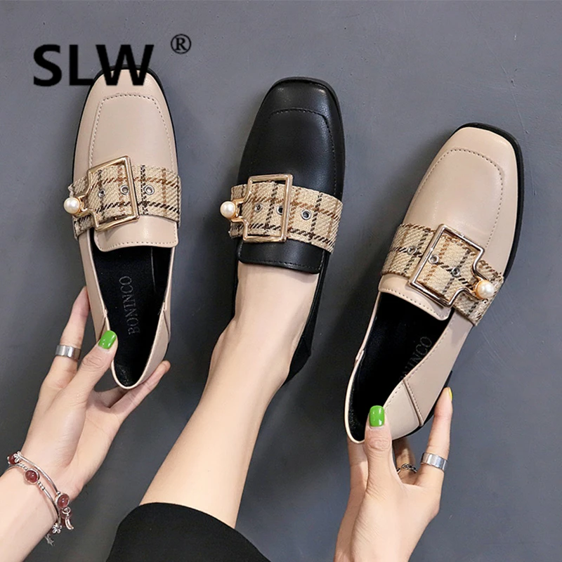

Lace-Up 2019 PU Basic Square Toe Buckle Strap spring new women Loafers Rubber Slip-On Casual flat fashion leather woman Round