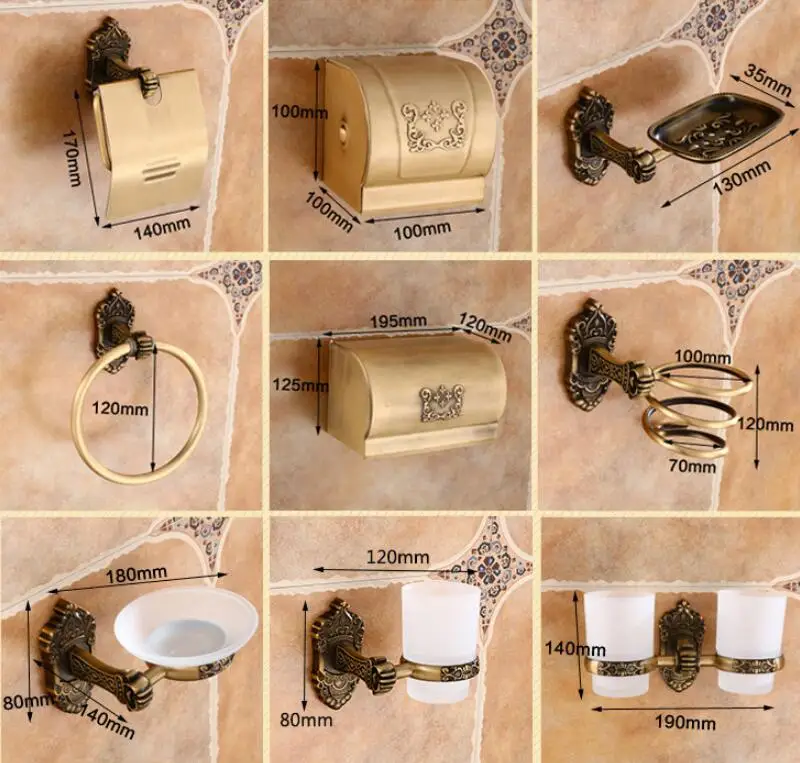 Аксессуары для ванной комнаты Комплект Античная бронзовая резные Алюминий Ванна Аппаратные Наборы Полотенца стойки, туалетная бумага