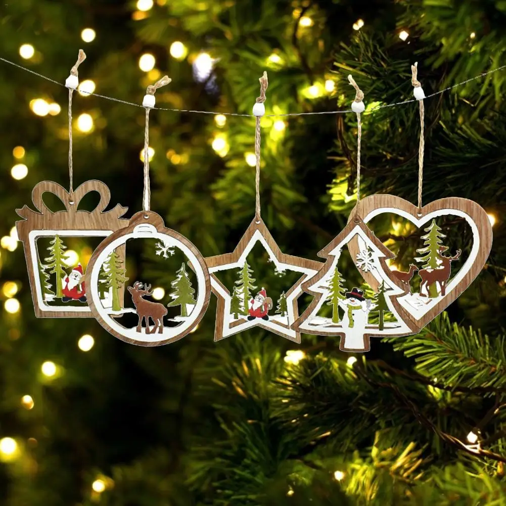 

5pcs/set Christmas Tree Ornaments Hanging Xmas Tree Openwork Wooden Bells Five-pointed Star Wooden Window Pendant Decoration
