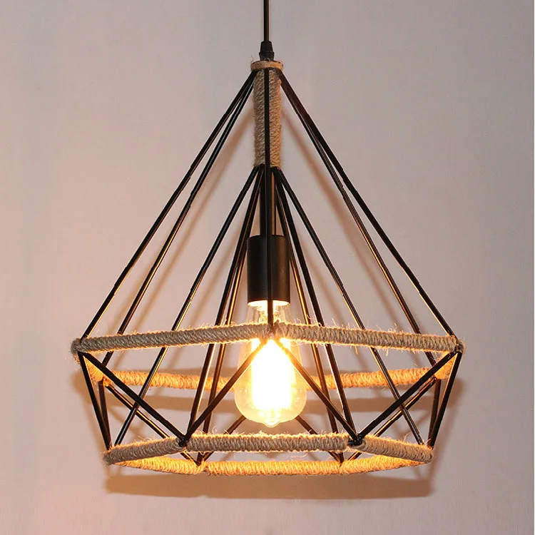 

Retro industry diamond pendant cage retro restaurant creative personality Iron Pendant Lights single head rope