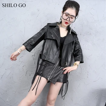 

SHILO GO Leather Jacket Womens Spring Fashion sheepskin genuine leather coat lapel collar ruffles shoulder concise loose zipper