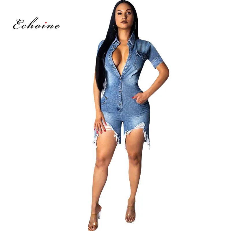 

Echoine Denim Jumpsuit Single Button Hole Sexy Playsuit Short Pants Overall Jeans Bodycon Romper Women Clothes Casual Streetwear