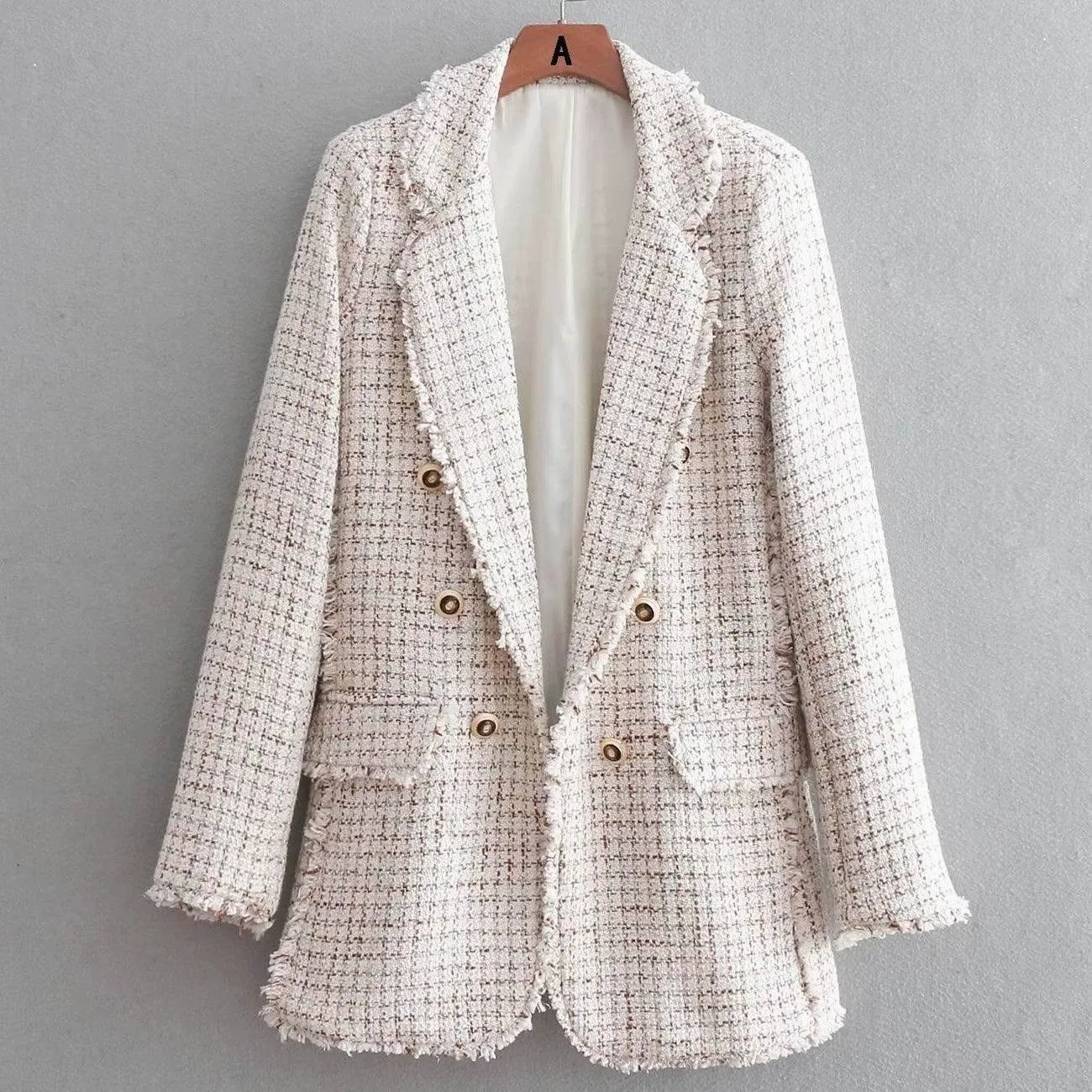 Autumn Winter Worsted Blazer Open Stitch Buttons Ol Work Suit Outwear Notched Collar Tweed Coat