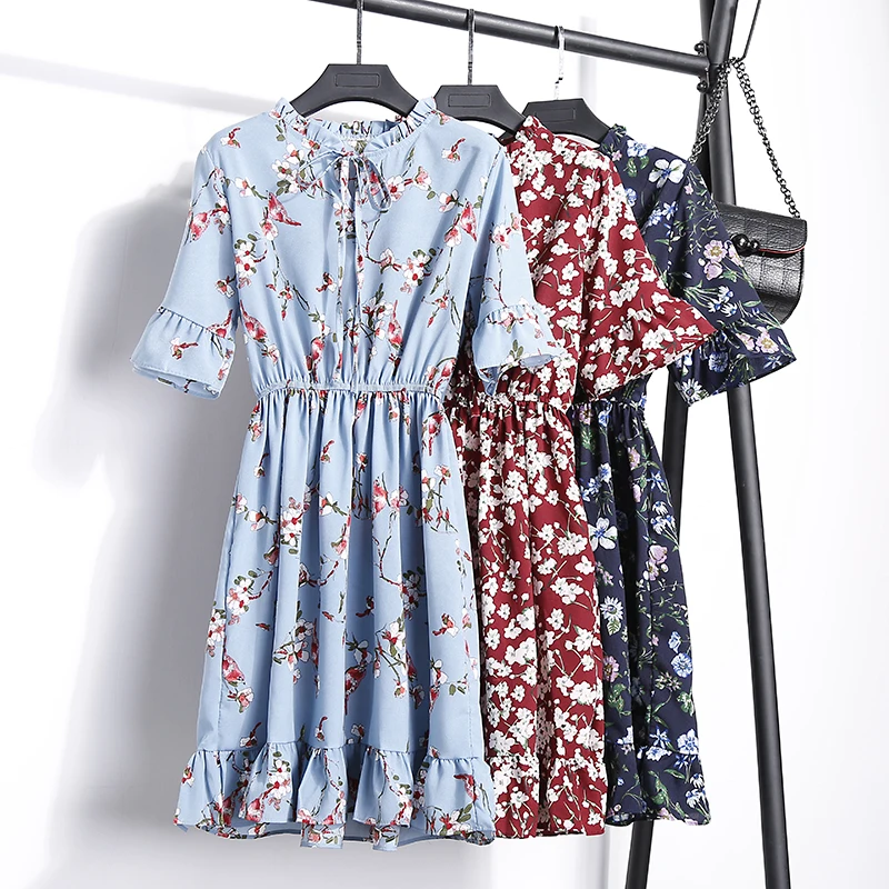 2018送料無料新ファッション花柄シフォンサマードレス甘い薄いスリム女性のワークウェアプリントドレスカジュアルかわいいホット