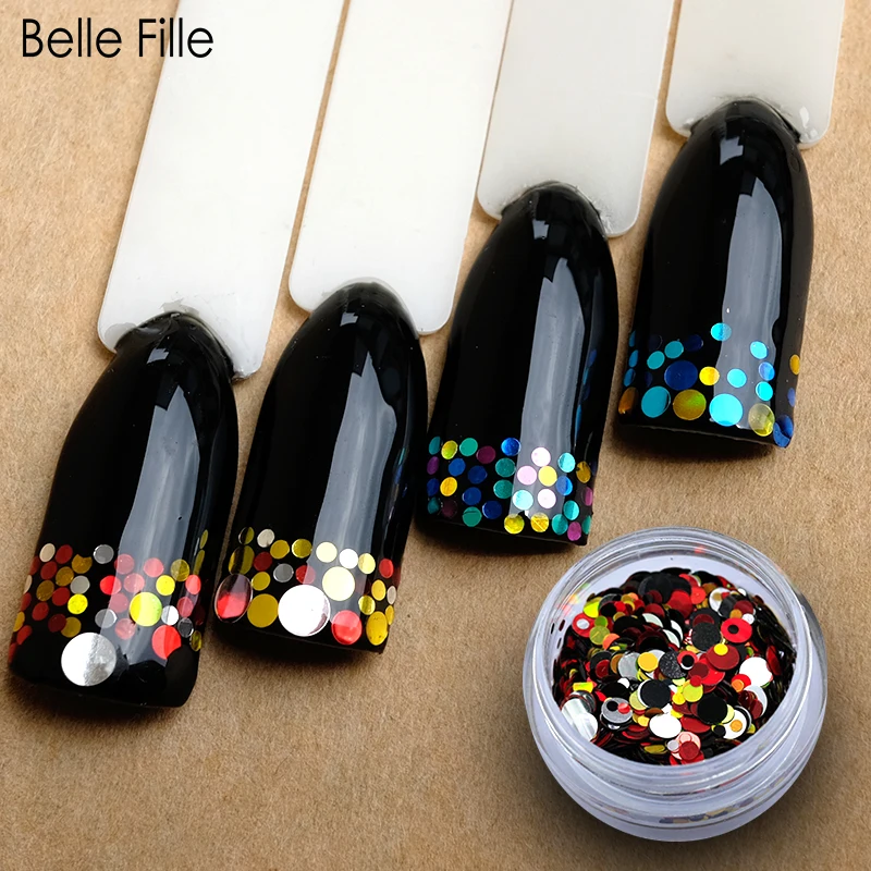 Belle Fille разноцветный набор круглый Блестки для ногтей Mini 1/2/3 мм сверкающие ногти