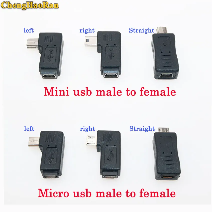 ChengHaoRan mini/micro USB Мужской к женскому разъему 90 градусов микро удлинитель адаптер правый левый прямой угол микро штекер mini-USB