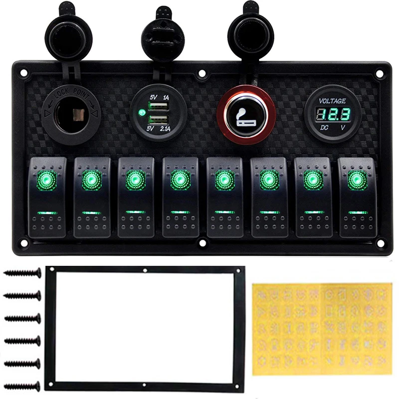 

5 Pin Marine Boat RV Ignition Toggle Rocker Switch Panel 12-24V LED Voltmeter Dual USB Charger Adapter Cigarette Lighter Socket