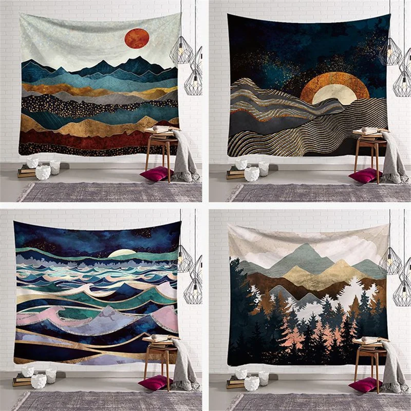 

The Sun Clouds Ripple Forest Mountain Art Painting Unique Design Printed Tapestry Wall Hanging Decor Hippie Yoga Mat Beach Throw