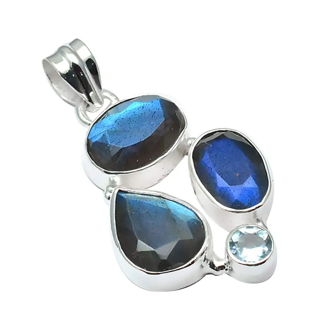 

NiaoZaiFei YunZaiKan Genuine Labradorite + Blue Topaz Pendant 925 Sterling Silver, 40 mm, 2SP0234