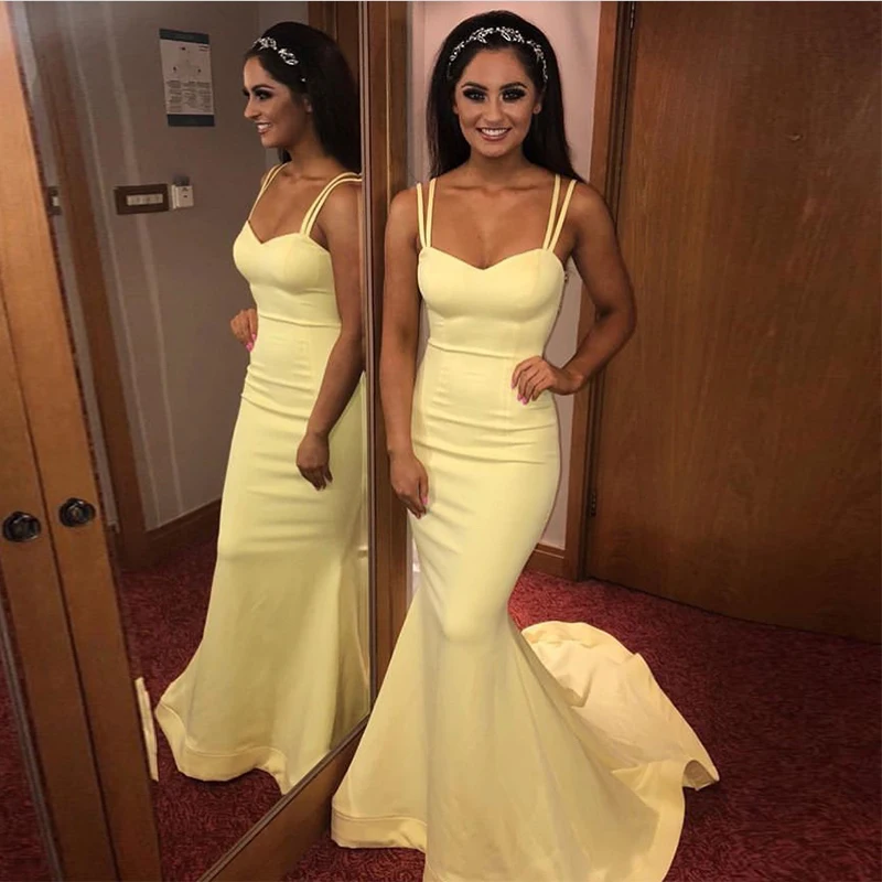 

Simple Mermaid Evening Dresses Spaghetti Straps Yellow Color Long Formal Party Gowns Sweep Train Cheap Satin Vestido De Noche