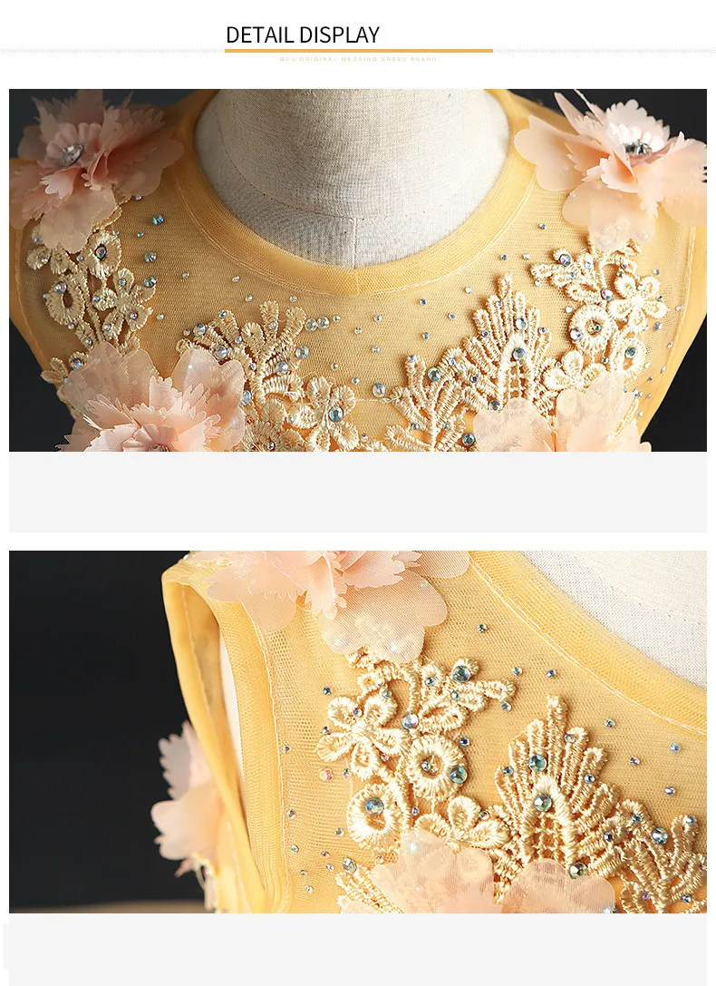 Vestido para o Casamento de Ouro Vestido de Primeira Vestido de Festa Vestido de Baile Elegante Longo Arrastando Flor Meninas Floral Tutu Crianças Pageant Comunhão 8 o Casamento de Ouro Floral Tutu Crianças