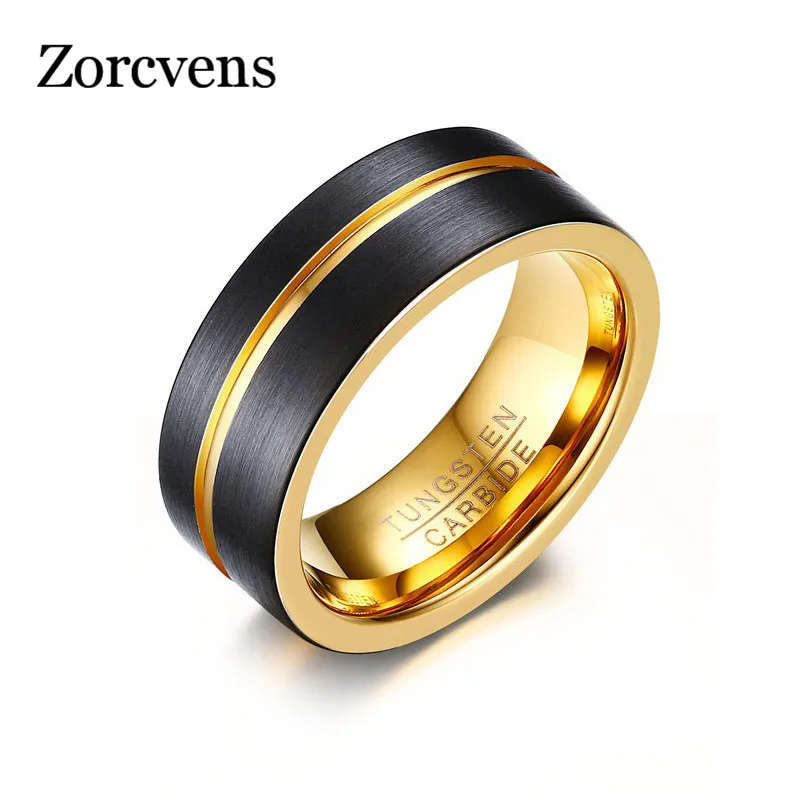 

LETAPI 2019 New Gold-color Line 8MM Black Tungsten Carbide Ring for Men Jewelry