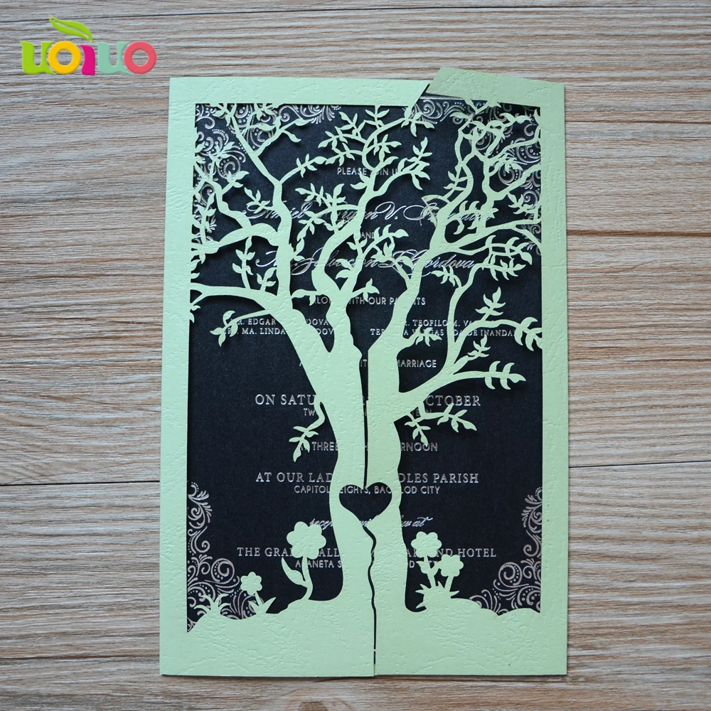 Бумажная коробка с узором на заказ дерево Свадебные модели пригласительных открыток из Китая