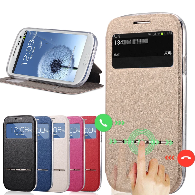 

Coque Window View Cases For Samsung Galaxy S3 i9300 Flip Matte PU Leather Back Cover Magnetic Sliding Answer Calls Fundas