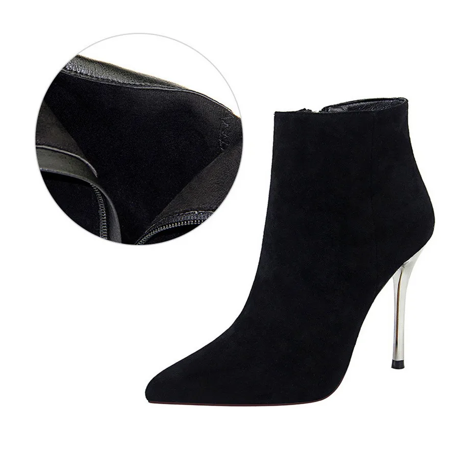 Размеры 34-40; зимние женские ботинки черного цвета из флока; полусапожки с острым носком; Узкие женские ботинки на молнии; Модные женские ботильоны на высоком каблуке - Цвет: Black Cotton Fabric