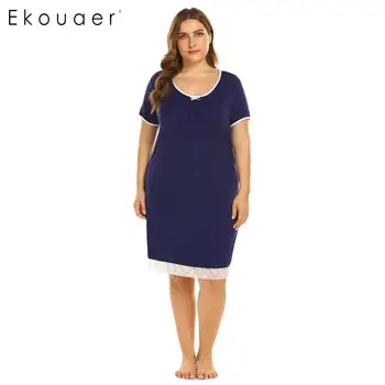 

Ekouaer Women Plus Size Sleep Dress Nightwear Chemise Sleepshirts Short Sleeve Lace Trim O-Neck Nightgown Nightdress XL-5XL