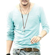 2017 NEW Men Deep V-neck Long Sleeve Fitness T-Shirt Out door Solid Undershirt two colors