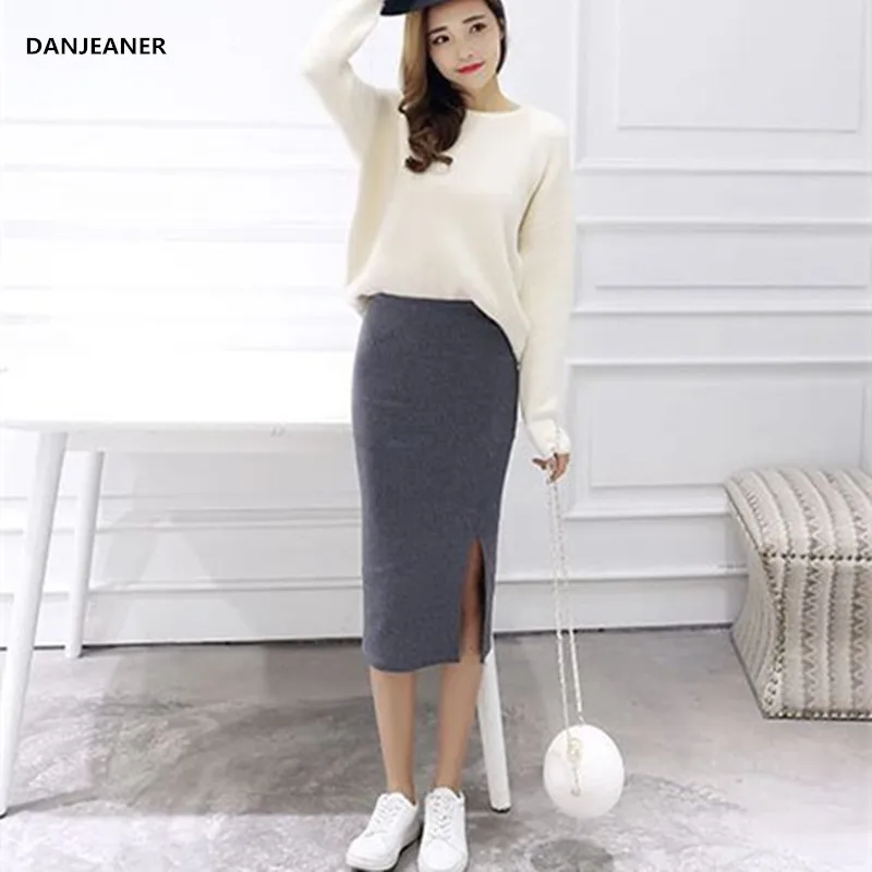 Danjeaner Jupe Femme осень зима сексуальные раздельные юбки карандаш Высокая талия толстые теплые вязаные юбки корейский стиль женские юбки - Цвет: Darkgray