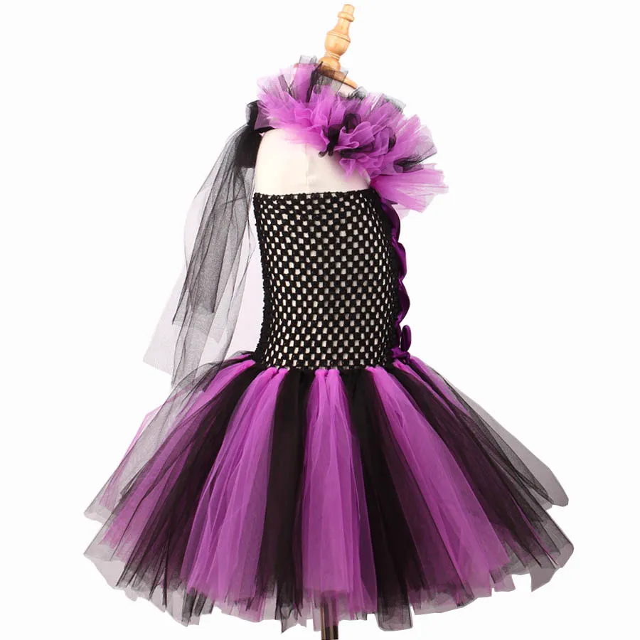 Purple Blak Girls Witch Tutu Dress with Witch Hat Handmade Tulle Halloween Costume Carnival Cosplay Party Photo Dress (8)