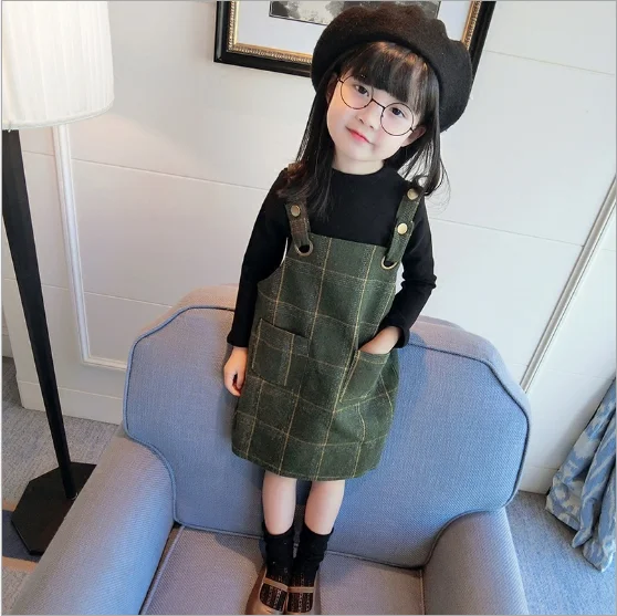 Весенний предмет, топ с длинными рукавами для девочек+ сарафан в клетку, платье, комплект из 2 предметов