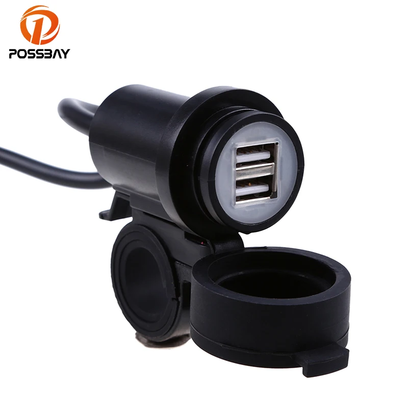 

POSSBAY Rubber ABS Motorcycle USB Charger Power Adapter Dual USB Sockets Mobile Phone Charger Universal For Motocross Motorbike