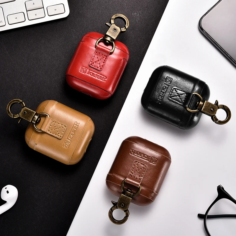 Роскошный Жесткий пластик + чехол из натуральной кожи для Apple Airpods с крючком