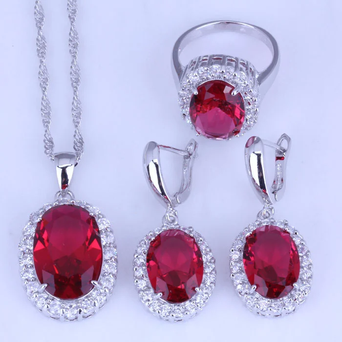 Romantic Round Rose Red Cubic Zirconia Sets, Hoop Earrings / Pendant