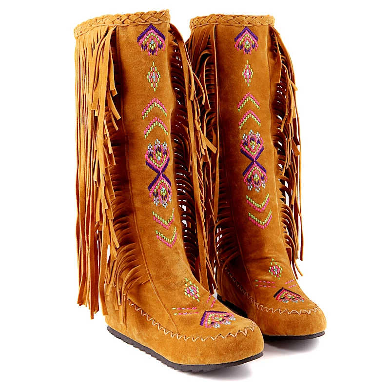 

Womens Thign High Round Toe Slip-on Fringing Ethnic Street Style Flat Gold Boots Shoes Snow Boots Winter Shoes Footwear