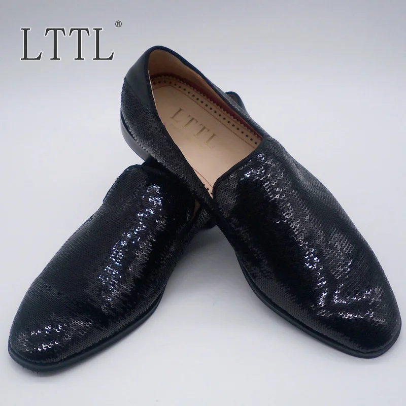 LTTL Black Men Glitter Loafers Designer Slip-on Men's Dress Shoes Handmade Men Wedding And Prom Shoes US6-13 Smoking Slippers