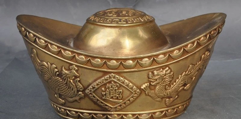 

8" Lucky Chinese Brass Decoration dragon phoenix wealth yuanbao Ingots Bullions
