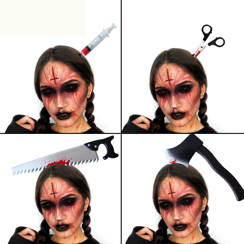 

Halloween Horror Headband Mask ax/Saw/Syringe/Scissors Bloody Party Decoration Scary Cutting Head Fake Props Halloween Supplies
