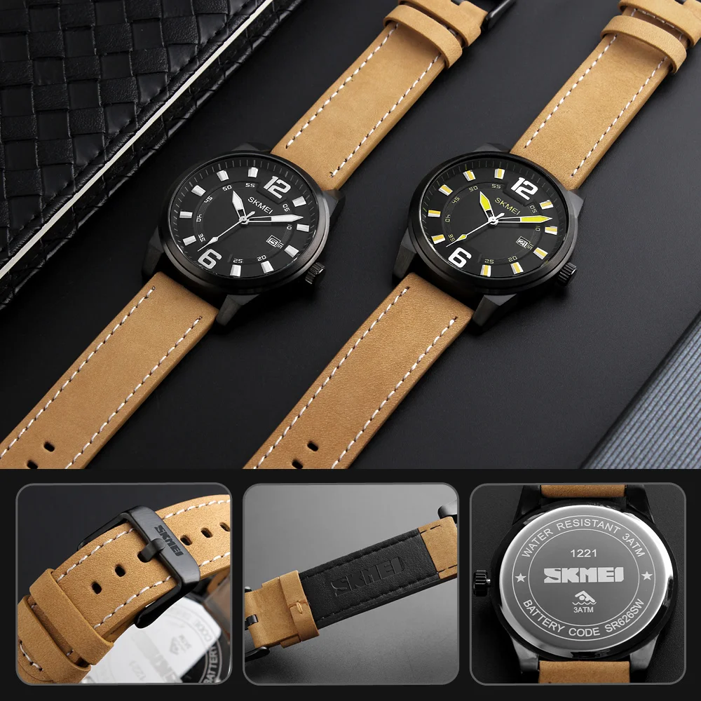 SKMEI Brand Luxury Quartz Watch Men Leather Strap Military Sport Men Wrist Watch Fashion Mens Watch