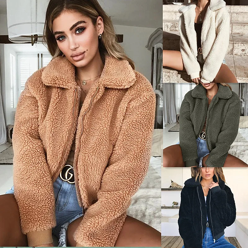 

PEONFLY Coat Women Winter For Fashion Long Sleeve Teddy Jacket Female Ladies Outwear New Brown Streetwear Autumn