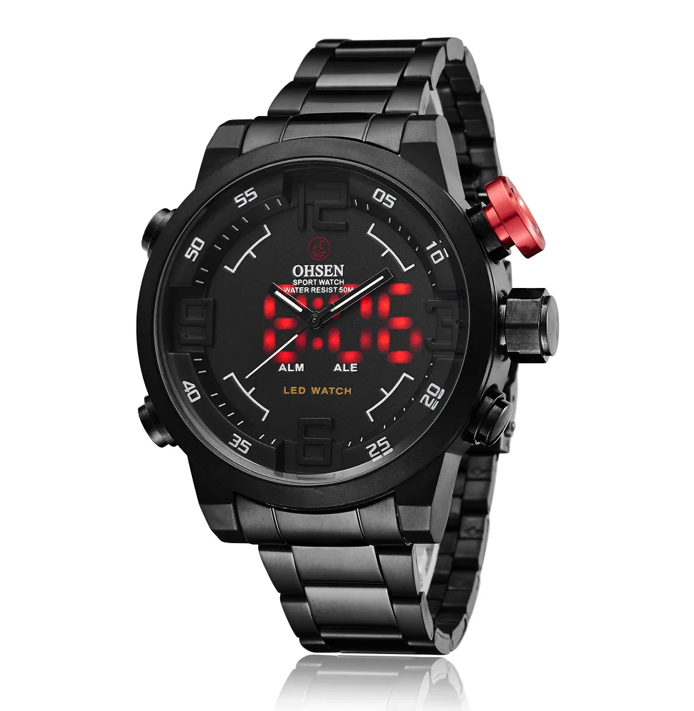 OHSEN Black Face White Hands Mens Analog Digital Stainless Steel Red LED Backlight Alarm Day Date