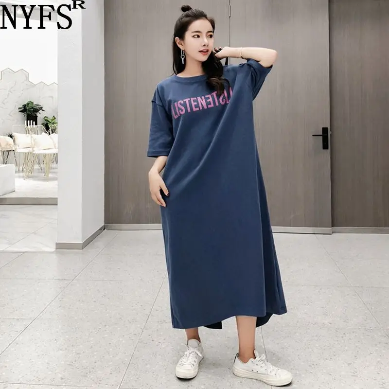 

NYFS Summer dress 2019 New Split behind short sleeve Extra long dress Vestidos Robe Elbise Fashion Letter Women dress