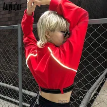 Auyiufar Reflective Long Sleeve Sweatshirt Red Zipper Fly Cropped With Belt Fashion Loose Streetwear Shinning Moletom Women Tops Auyiufar Reflective Long Sleeve Sweatshirt Red Zipper Fly Cropped With Belt Fashion Loose Streetwear Shinning Moletom Women Tops