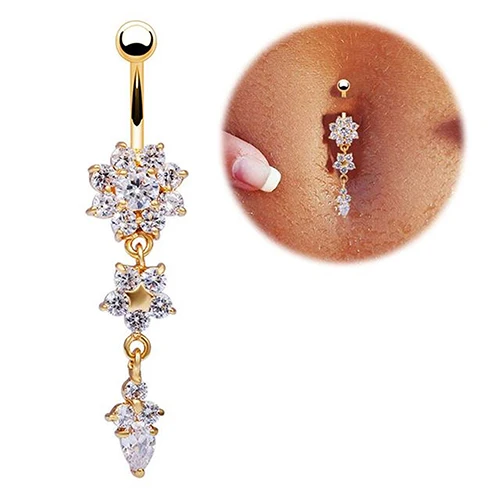 

Hot! Snow Flower Cubic Zirconia Bar Belly Button Navel Ring Golden Plated Body Piercing