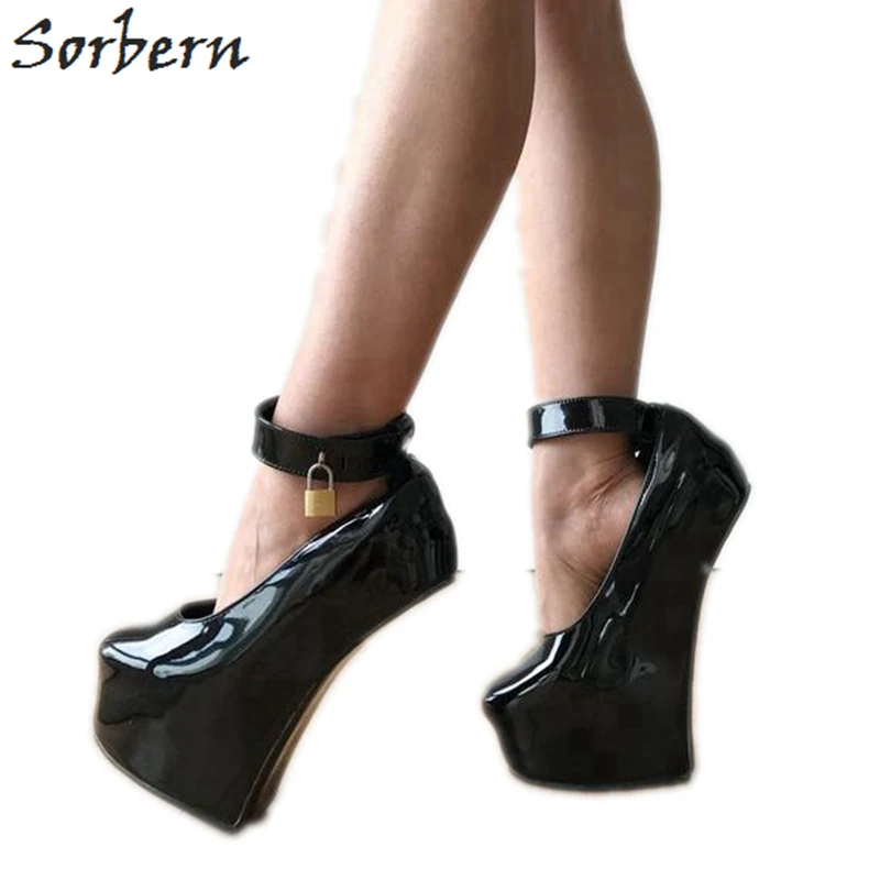 Sorbern/пикантные туфли-лодочки на платформе с ремешком на щиколотке; туфли-лодочки на платформе с замочком и ремешком на замке; лакированные черные туфли; Новинка; женская обувь - Цвет: Черный