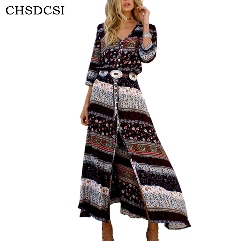 CHSDCSI النساء الأزهار طباعة بوهو شاطئ اللباس 2018 الصيف فساتين طويلة Vestidos مرونة الخصر مساء حزب اللباس