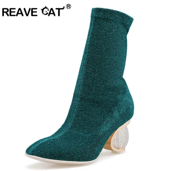 

REAVE CAT Women Boots 2018 Spring Autumn Sock Boots Clear Heel Woman High Heels Booties Transparent Ankle Boots Botas mujer B704