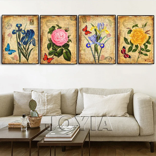 4 Pieces Botanical Fl Prints Vintage Wall Art Antique Canvas 4 Pieces Botanical Fl Prints Vintage Wall Art Antique Canvas Painting Home Interior Living Room Bedroom