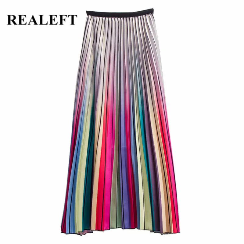 

REALEFT New Arrival Spring Women Rainbow Printed Elegant Pleated Long Skirts High Waist Harajuku Tulle A-Line Mid-Calf Skirts