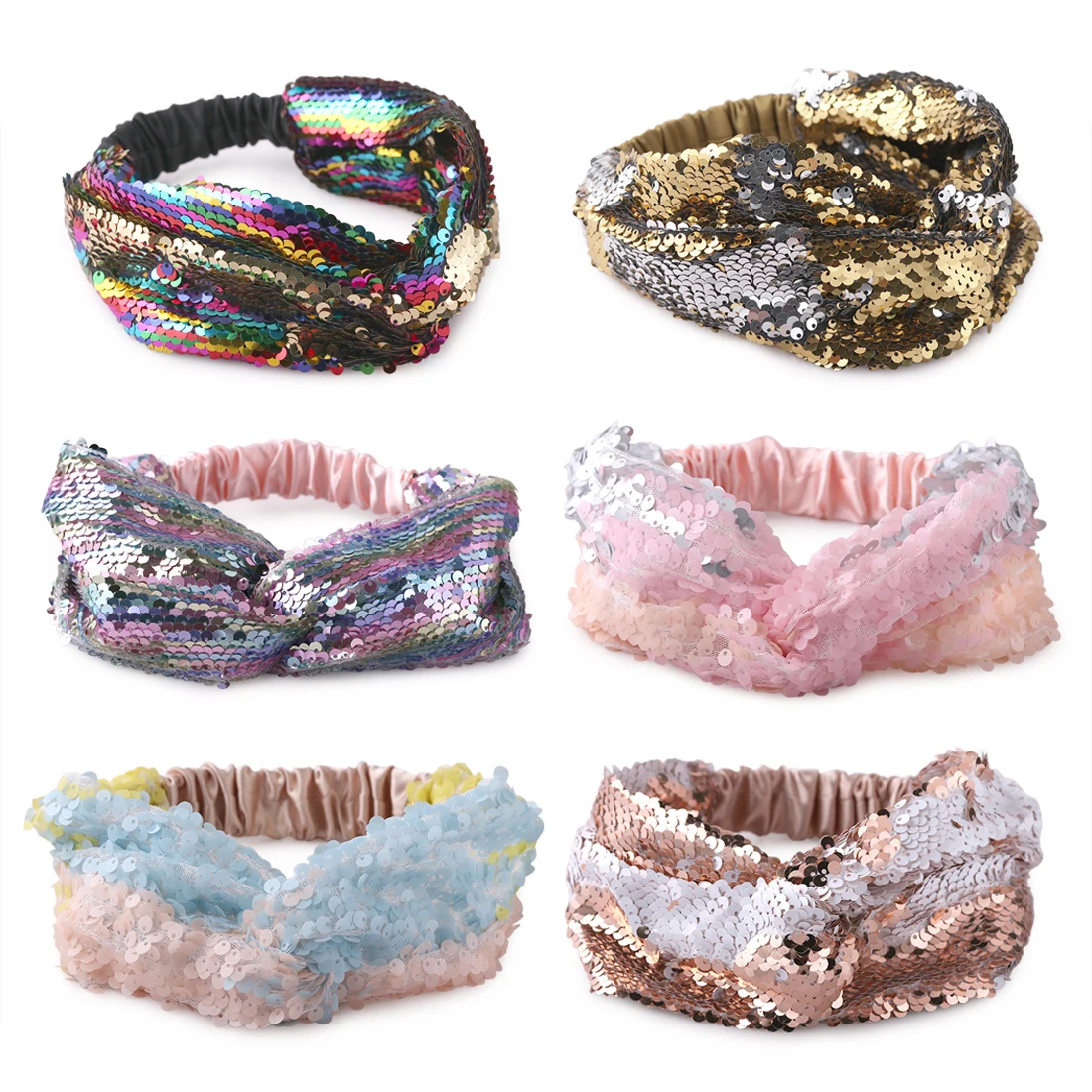 

XIMA 6pcs/lot Fashion Women Reversible Change Color Sequins Fabric Headband Reversible Bow Hair Band for Party