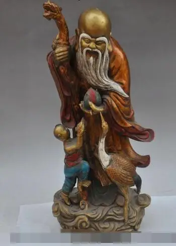 

S3246 24"china folk bronze Painted Peach Longevity god Crane d boy lad lucky statue