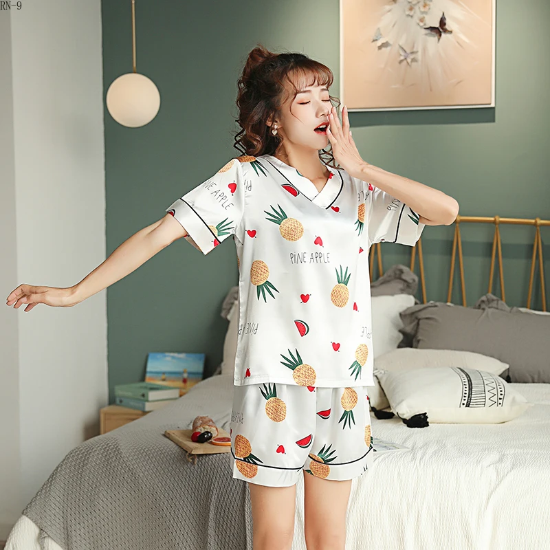 

RM-9 Summer Women's Pajamas Sets 3D Flower Print Fashion Luxury Female Sleepwear Silk Two Pieces V- Neck Shirts+shorts Nightwear