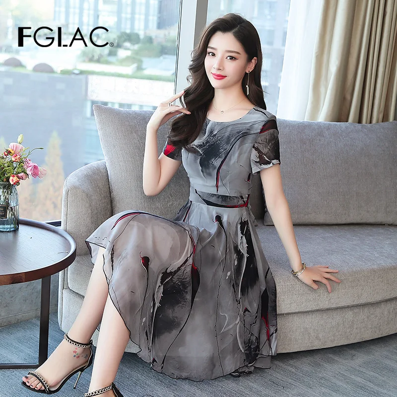 

FGLAC Women dress New 2019 Spring short sleeve chiffon dress Elegant Slim Print Ruffles casual dress Elegant Slim Big hem dress