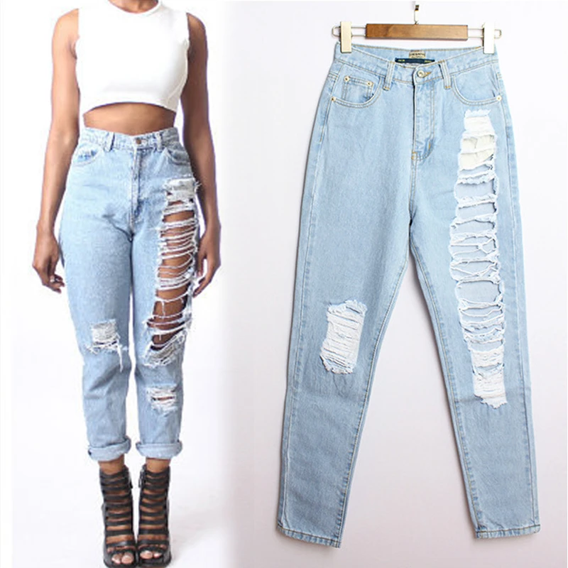 Del otoño del resorte europea y de estilo Ripped Jeans mujeres pantalones mezclilla agujero Vintage Casual cintura alta Jeans XXXL|pant suits for legpants types - AliExpress