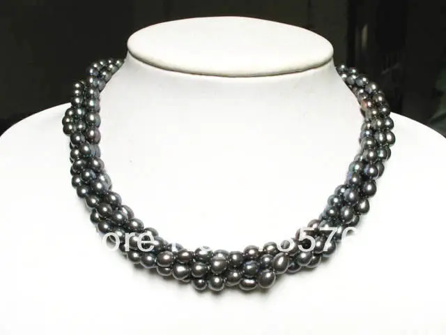 

HOT 00915 lace 3 strands black freshwater pearl rice beads twisted